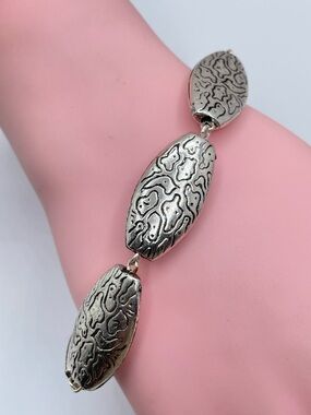 Silver Tone Textured Link Bracelet Oval Etched Statement Modern Boho